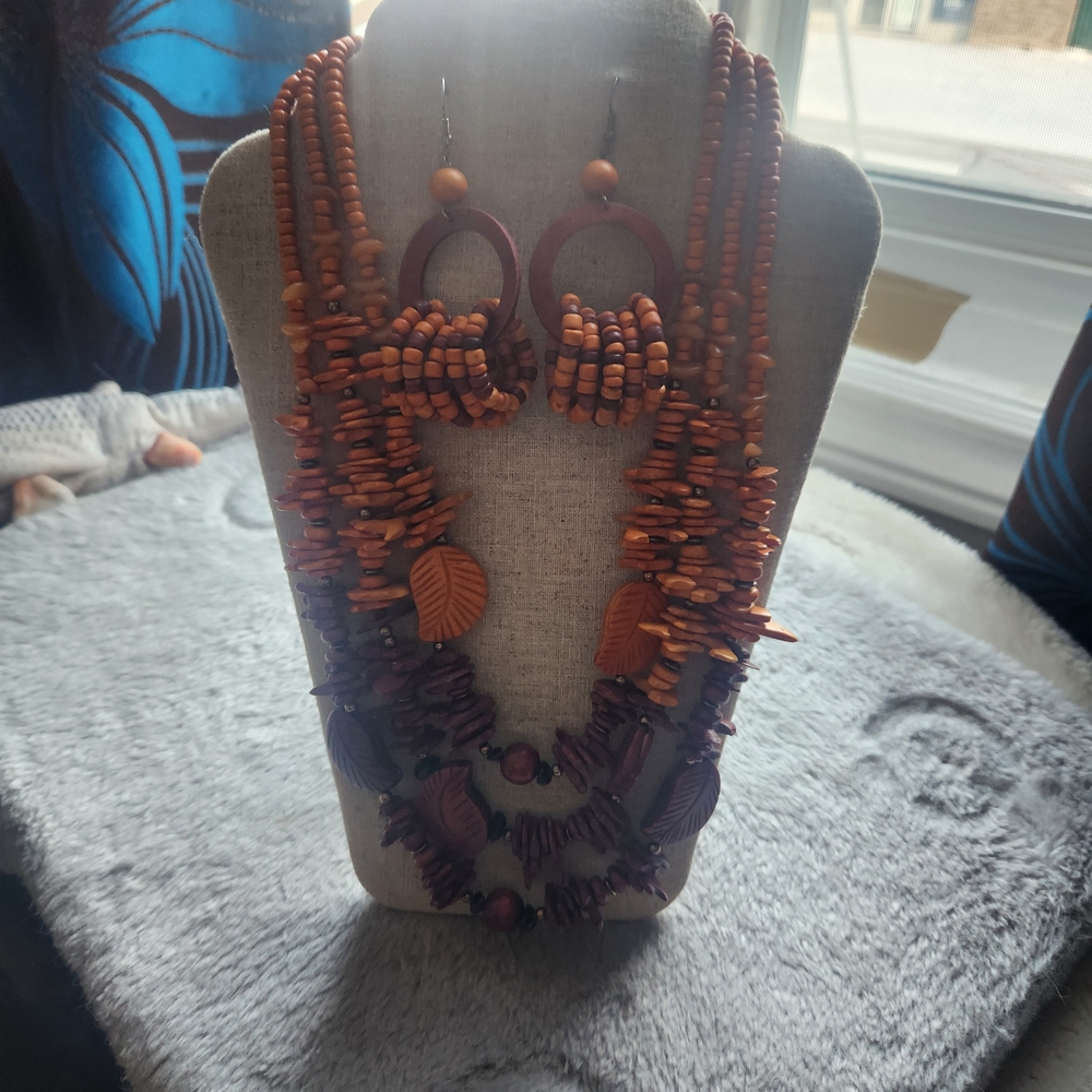 Rustic Wooden Beaded Necklace and Earring Set
